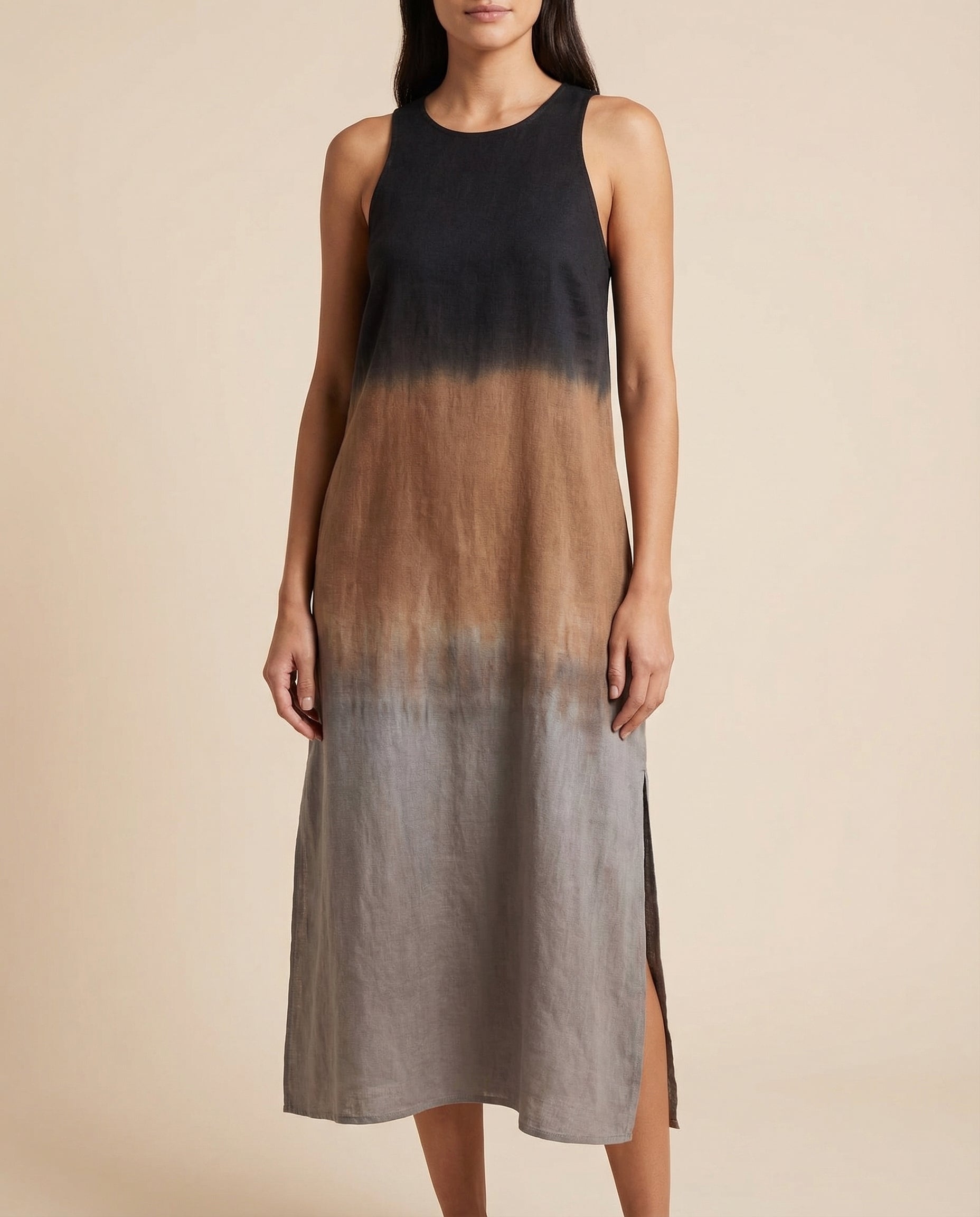 Ombre midi dress, sleeveless crew neck with side slit in taupe and dark gray