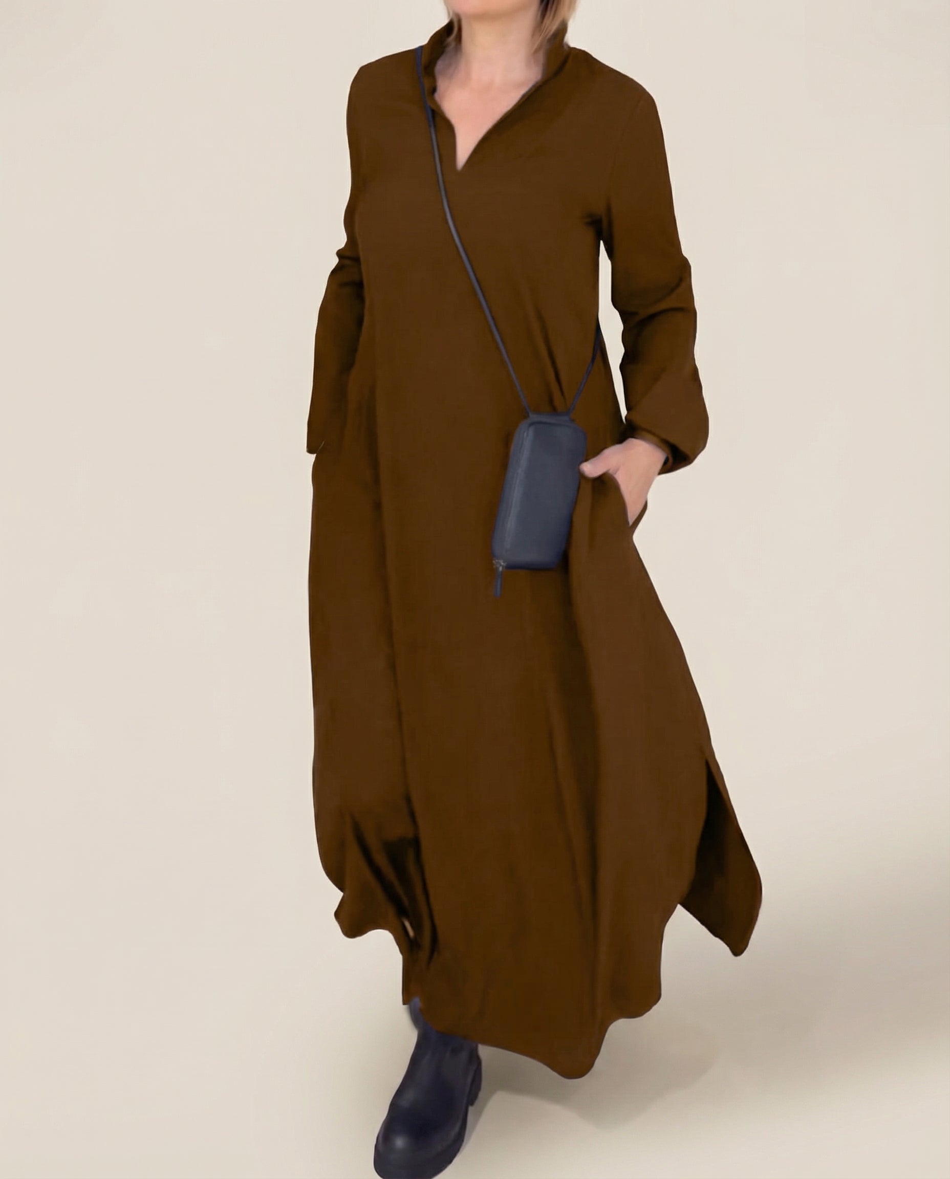 Brown long-sleeve linen maxi dress with stand collar and side pockets, loose fit