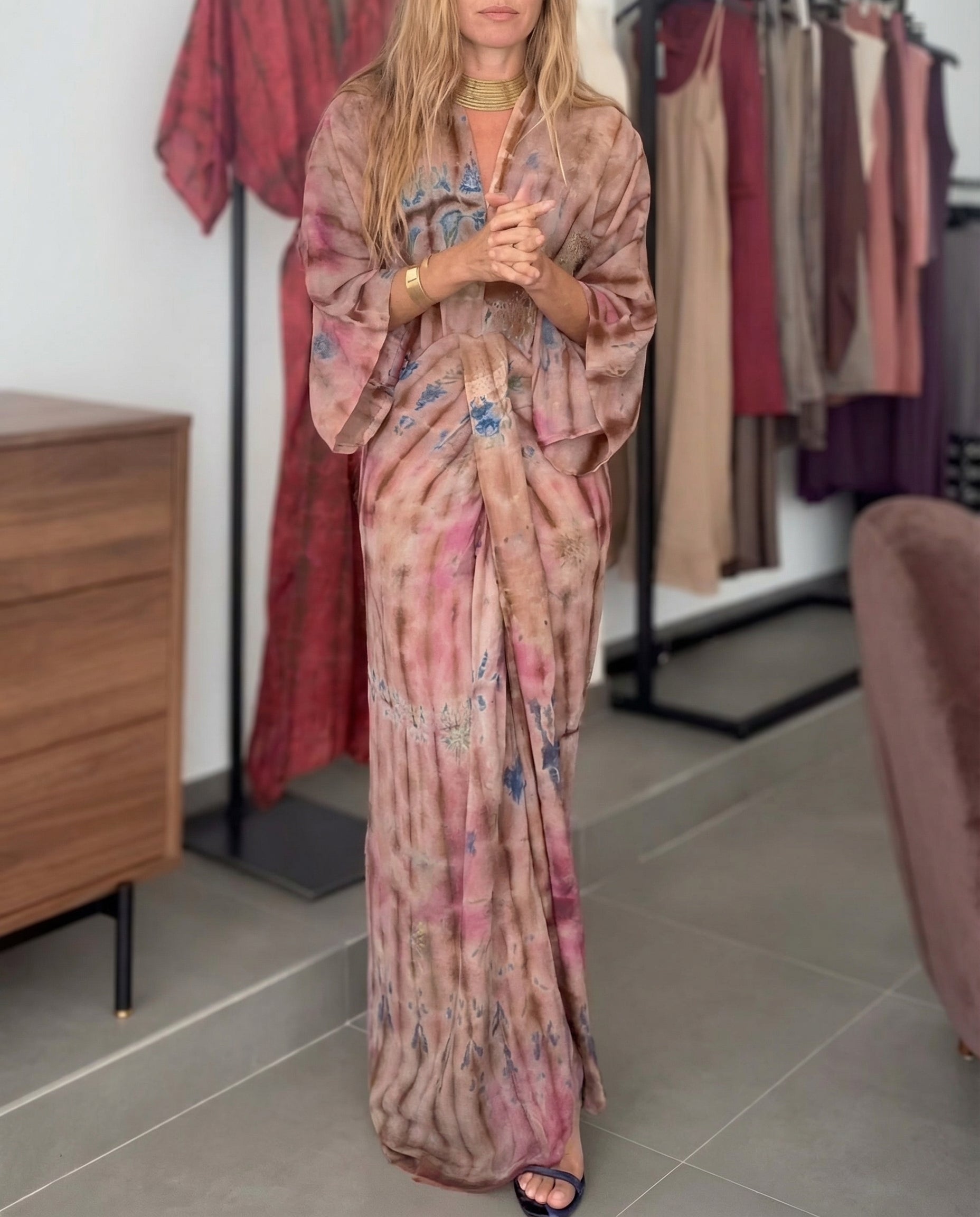 Light boho print maxi dress with V-neck, kimono sleeves, and front twist