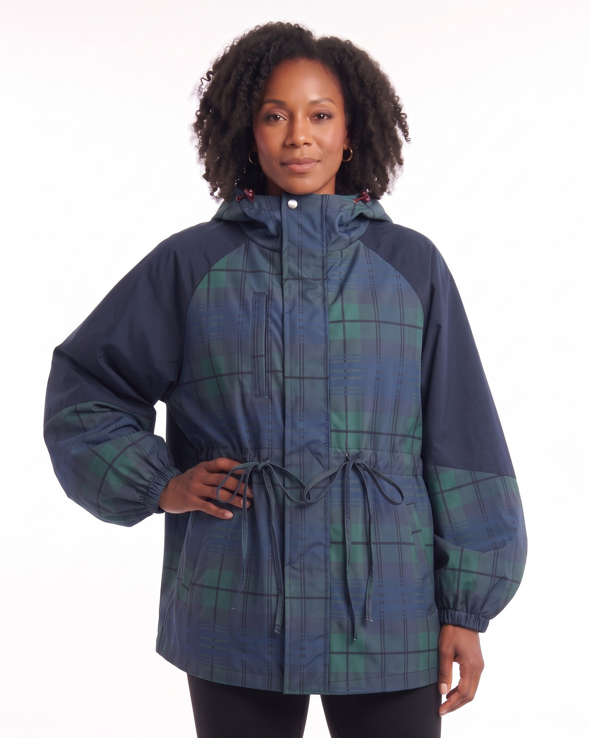 Dark blue plaid colorblock anorak jacket with hood, balloon sleeves, drawstring waist