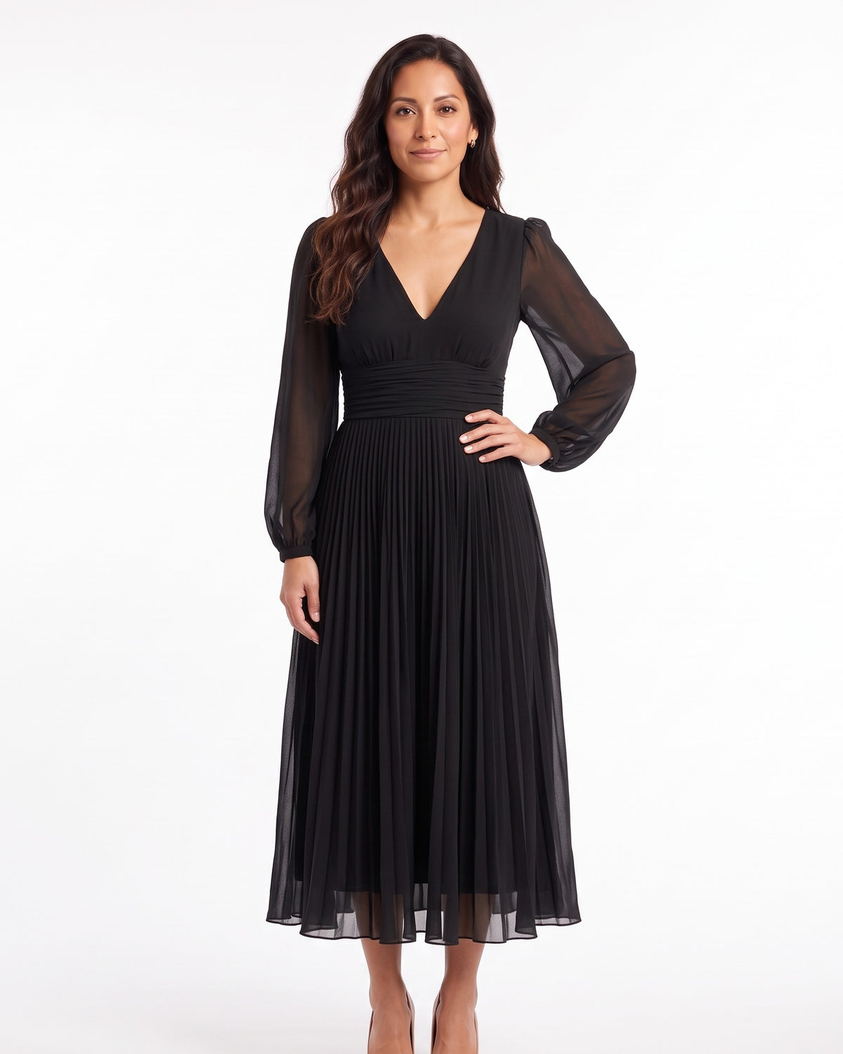 Black chiffon midi dress with long sleeves, V-neck, ruched waist, pleated A-line hem