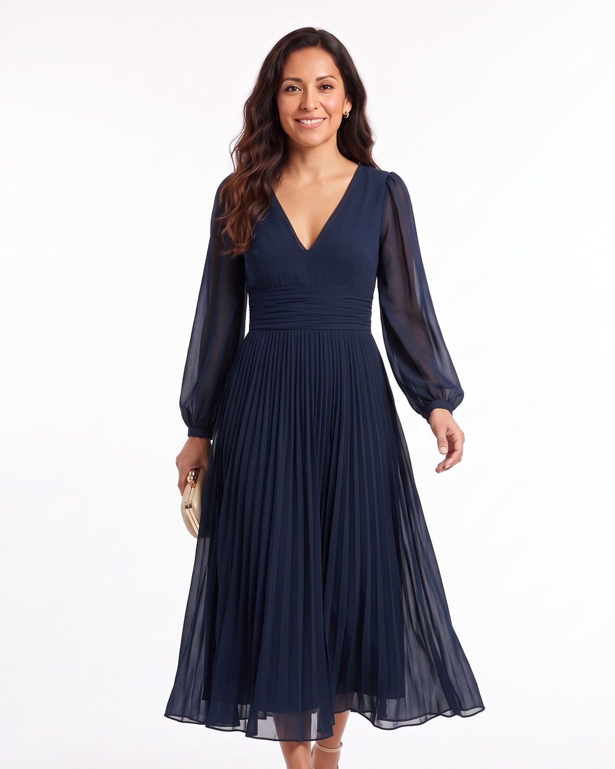 Navy chiffon midi dress with long sleeves, V-neck, ruched waist, pleated A-line hem