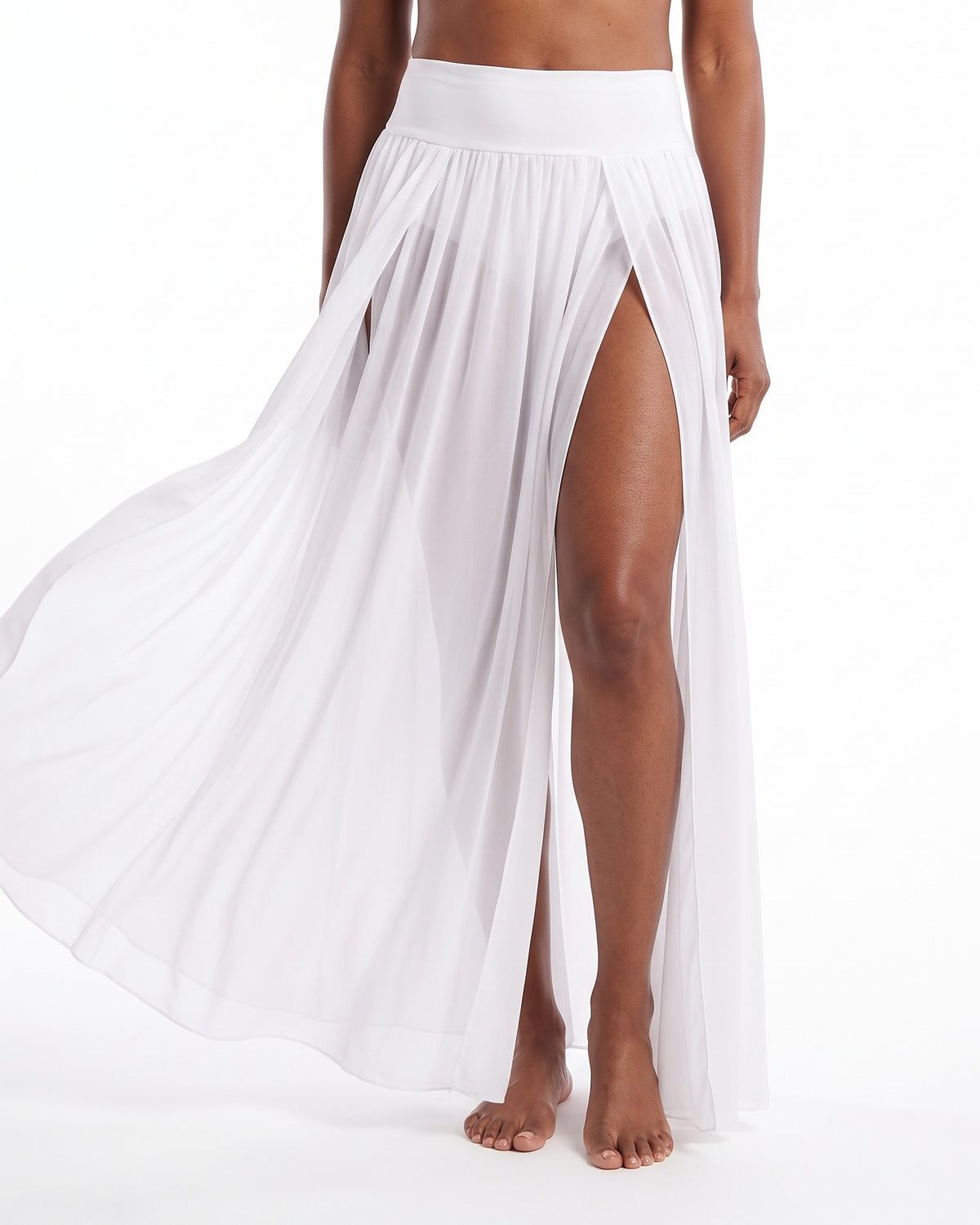 White chiffon maxi skirt with elastic waistband and side-slit sheer flowy sarong