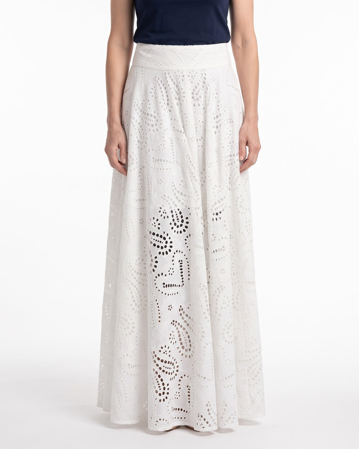 Cotton Skirt in Eyelet Broderie — Smocked Waistband with a Sweeping Floor Length and Pockets