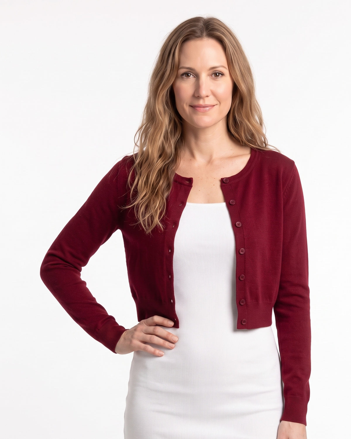Burgundy cropped crew-neck cardigan sweater with button-front and fitted knit