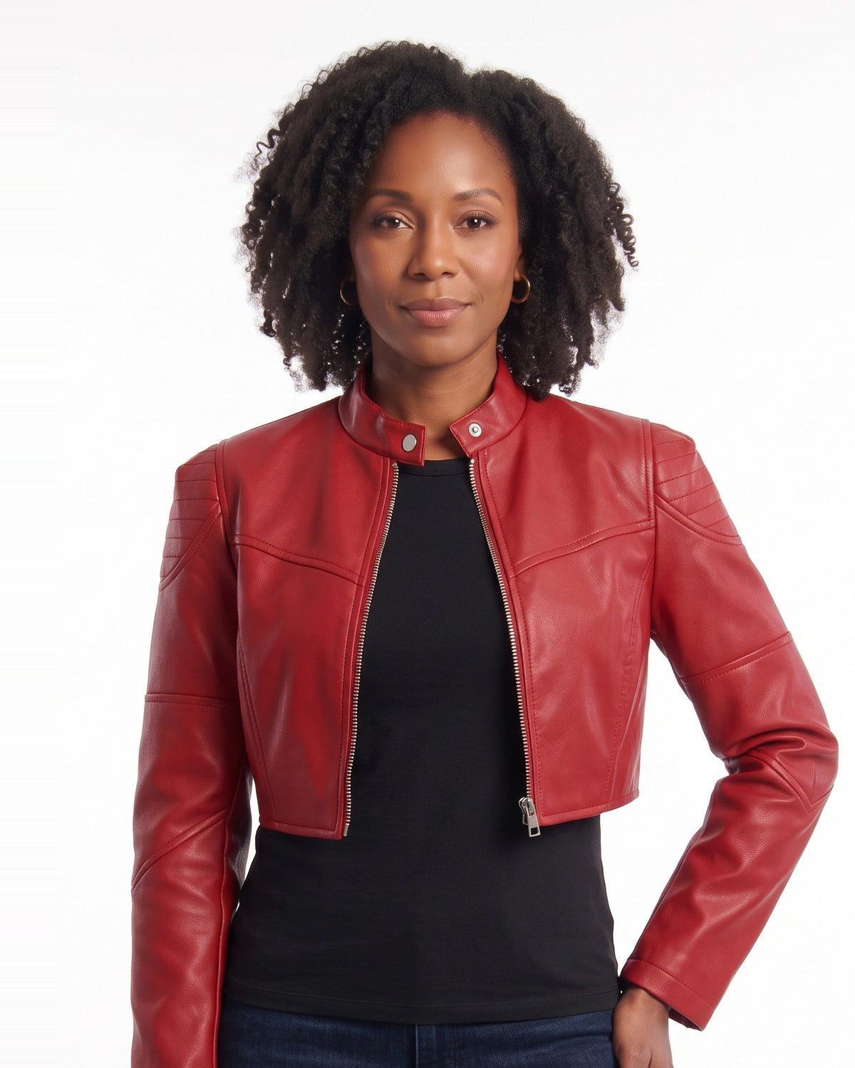 Cropped Leather Jacket with Stand Collar — Zip Front Racer Style in Faux Leather for Women