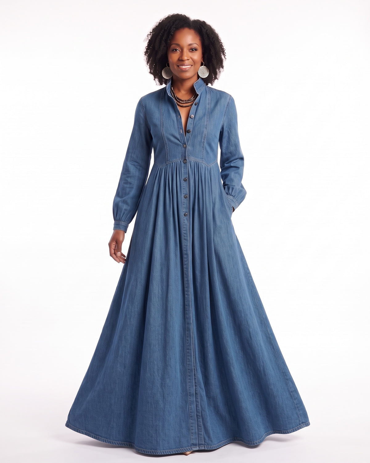 Denim Maxi Shirt Dress with Stand Collar — Modest Button Down Style for Fall