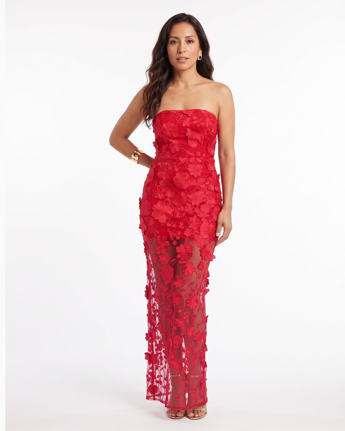 Red strapless floral appliqué mesh maxi dress with sheer skirt