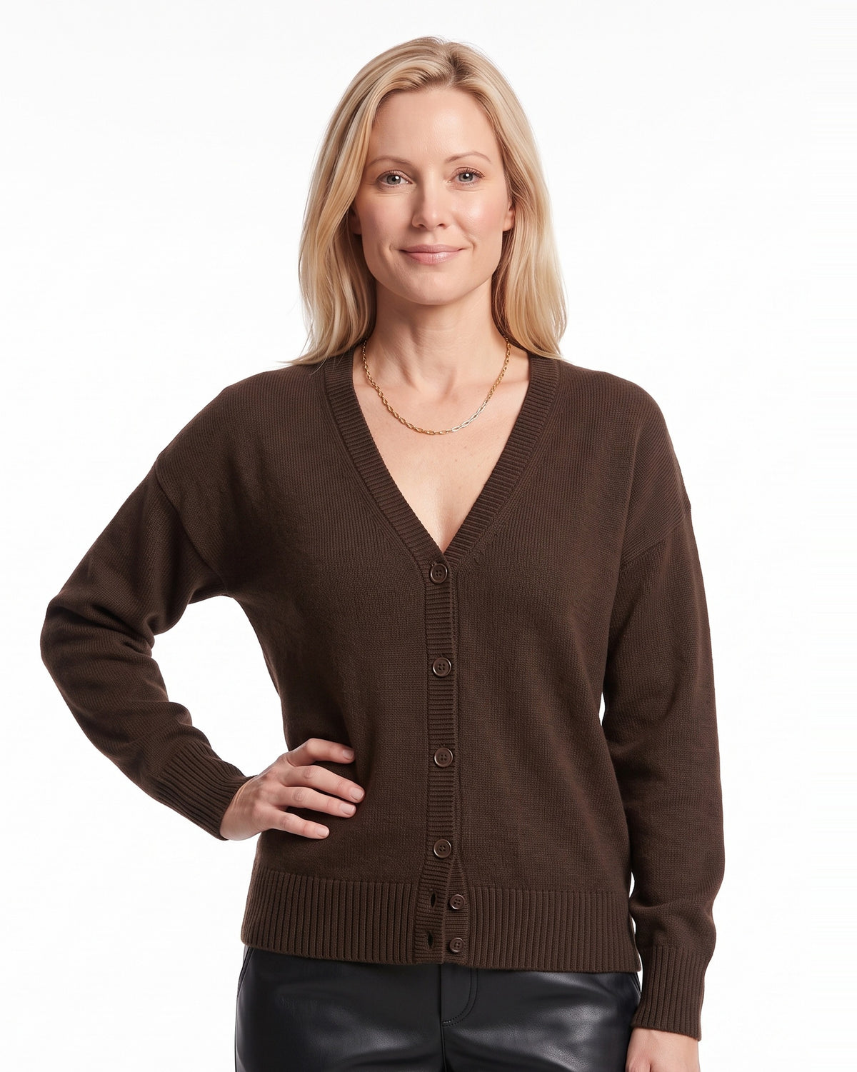 Brown chunky knit cardigan with V-neck button front and ribbed trim, front view