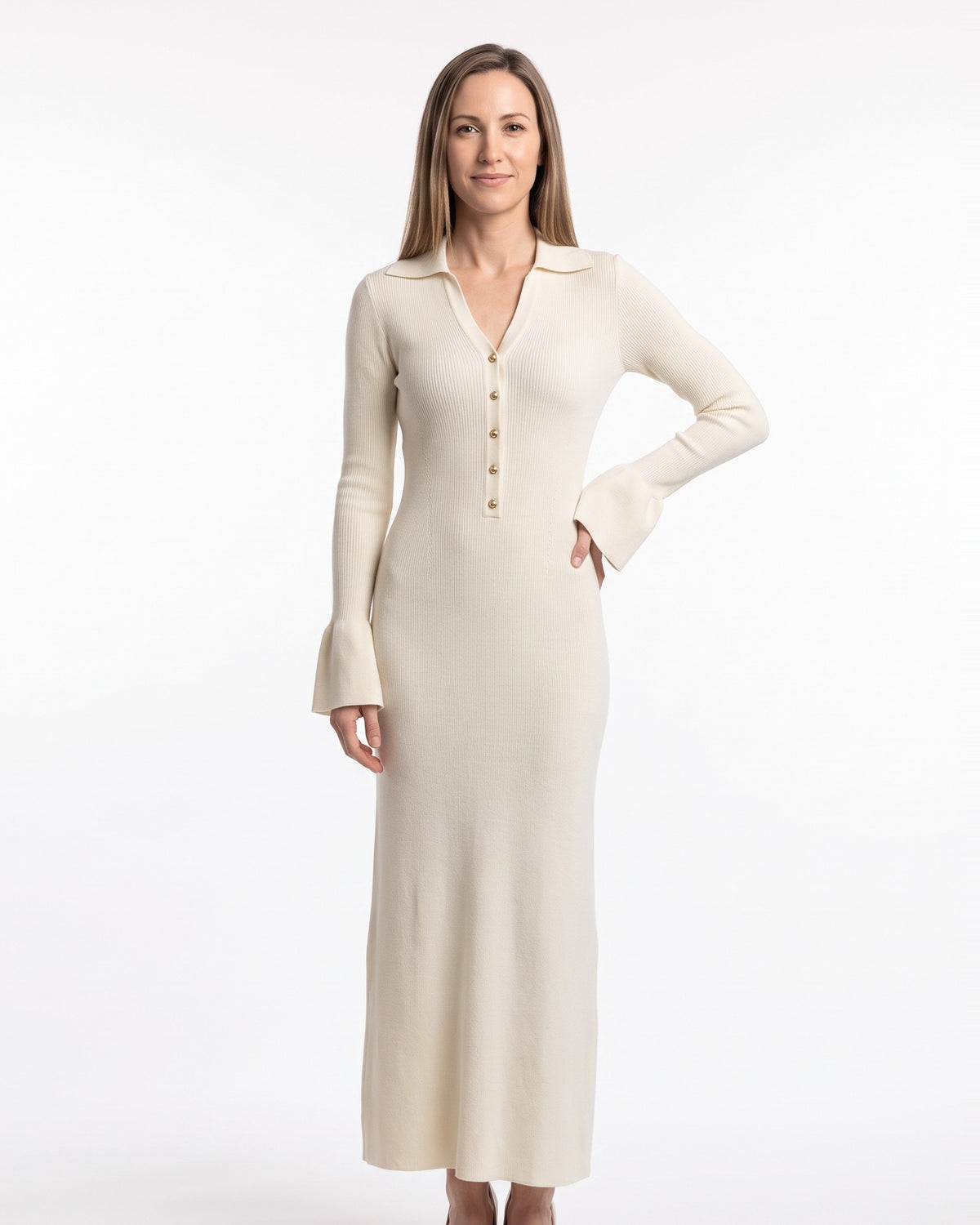 Ribbed knit maxi dress with polo collar, button placket and fitted long sleeves