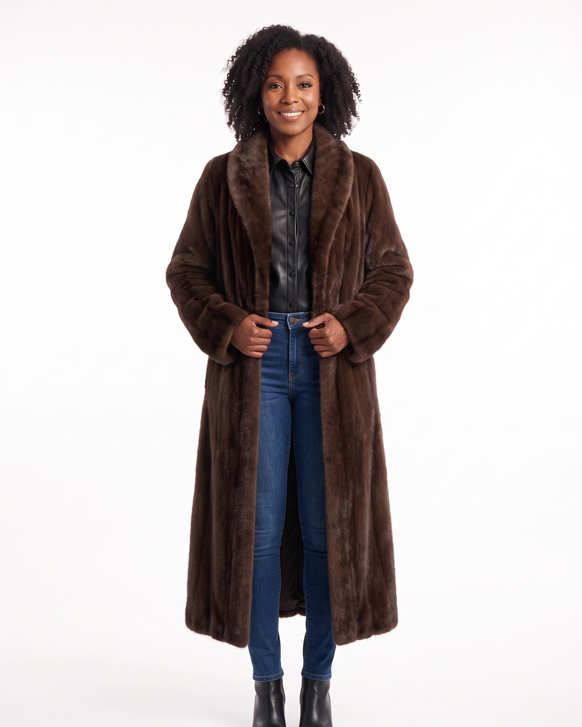 Women's long dark brown faux mink coat with wide lapel wrap and open front