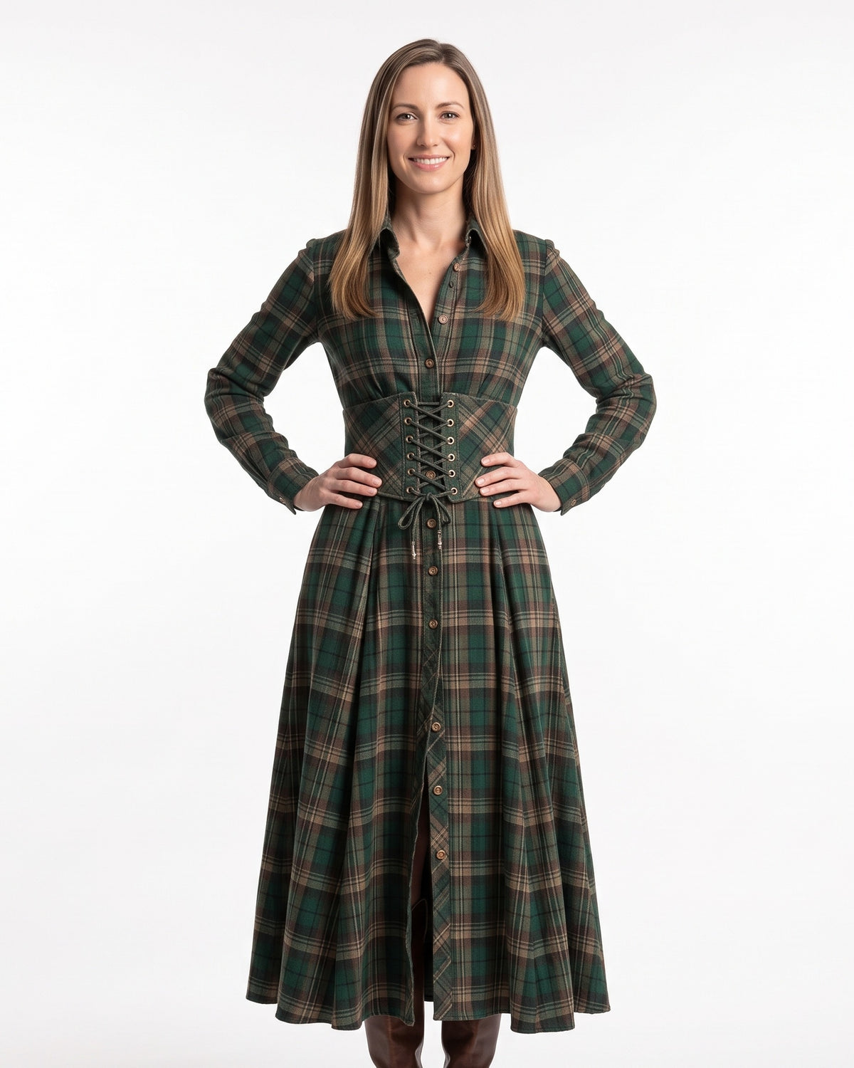 Maxi Shirt Dress in Tartan Flannel — Button Down Cowgirl Dress with Laced Waist Cincher