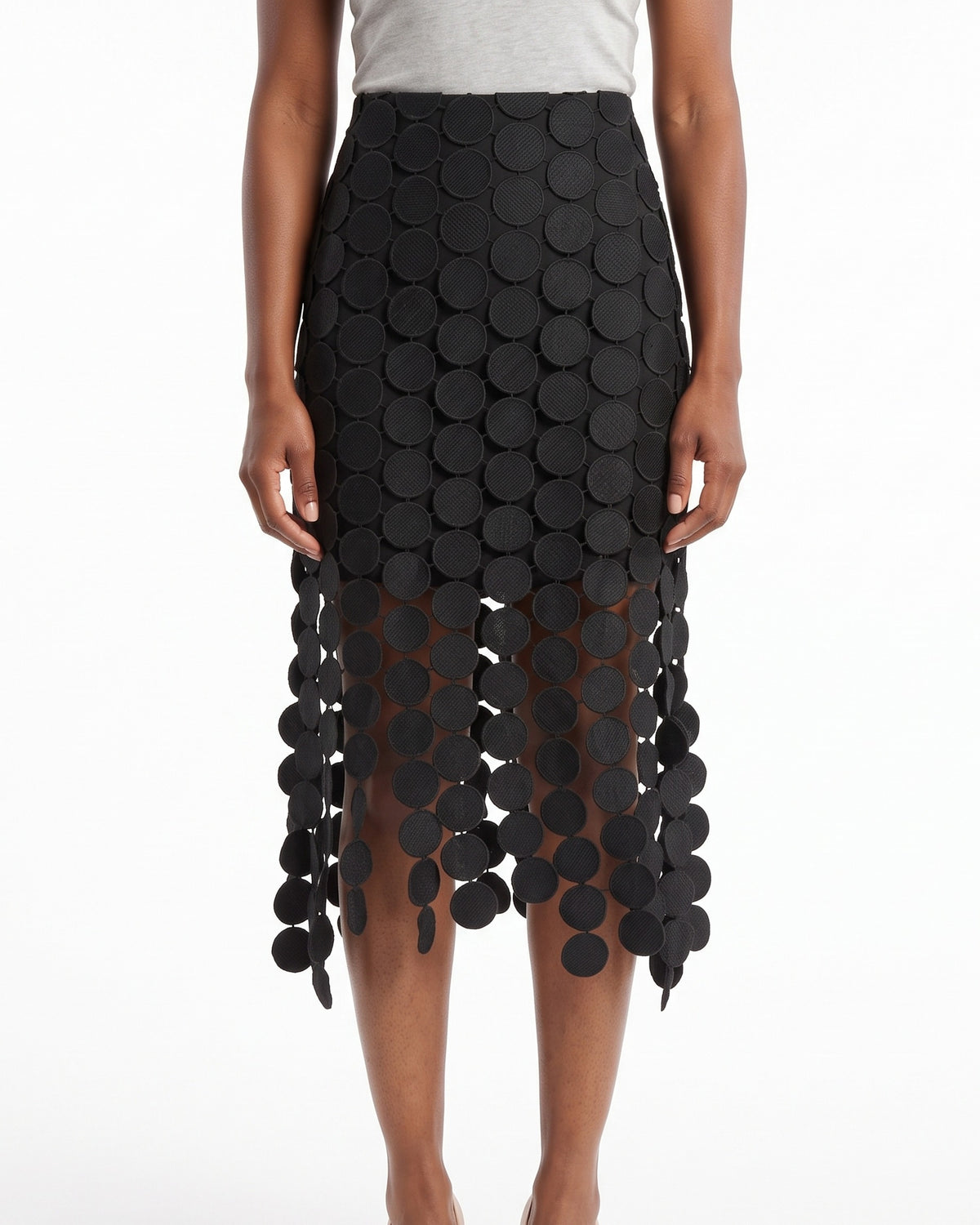 Mesh Skirt with Disc Fringe — Sheer Midi for Evening and Festival Statement Dressing