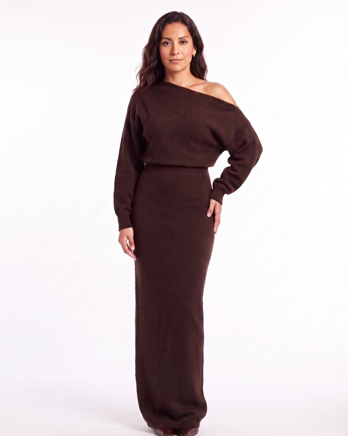 Brown off-shoulder sweater dress with batwing sleeves and fitted column skirt