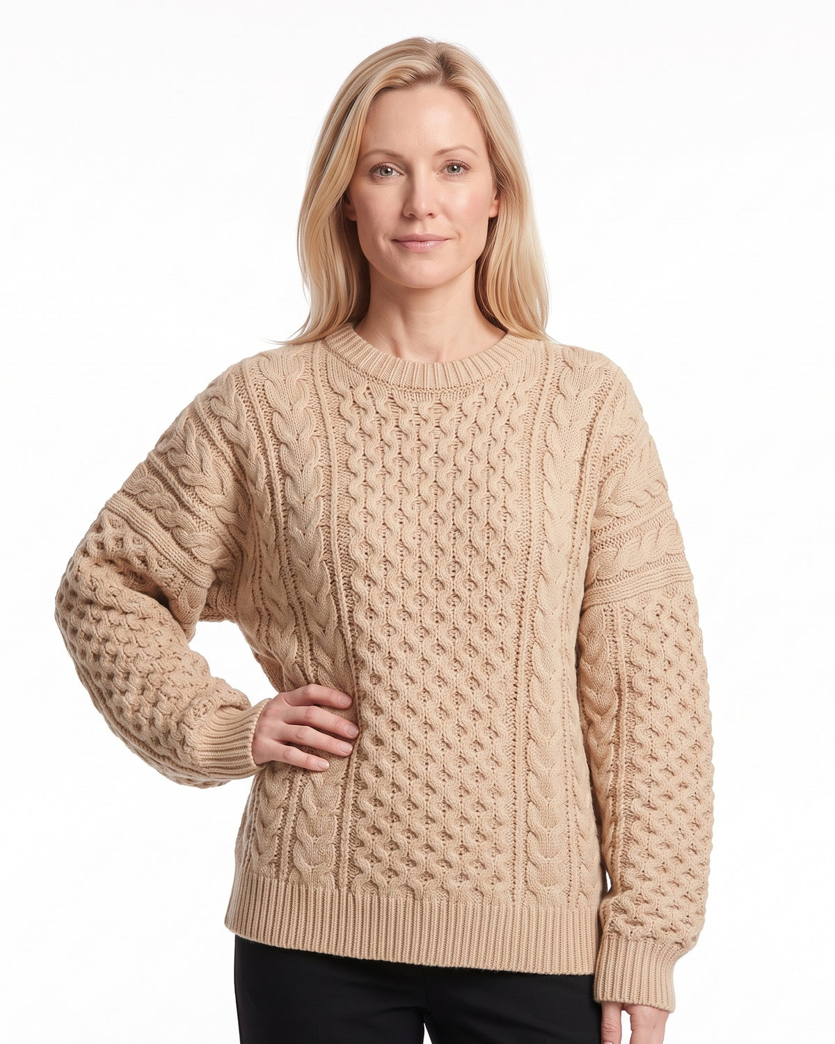 Oversized Cable Knit Sweater — Long Fisherman Tunic for Women with Side Slits and Balloon Sleeves
