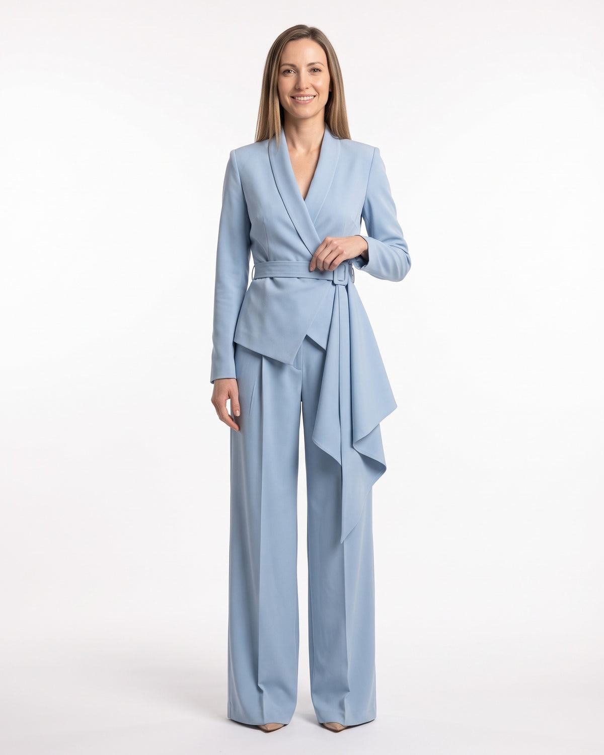Women's belted wrap blazer and palazzo pants set in light blue crepe.