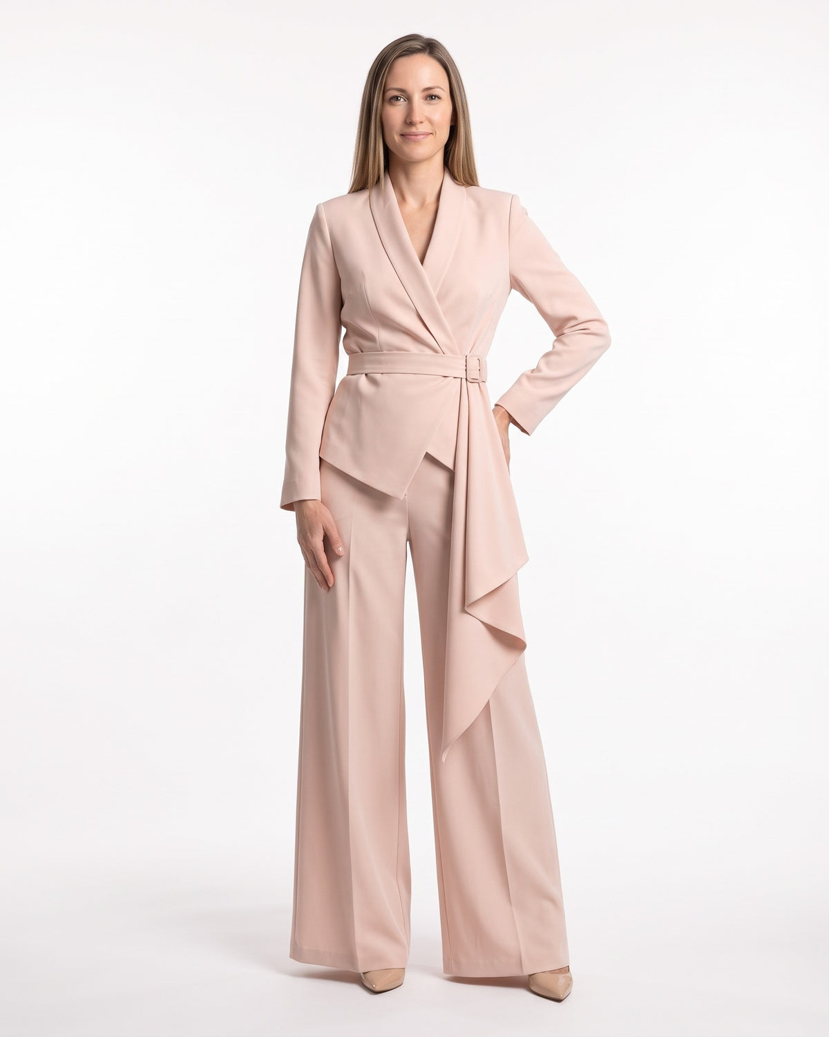 Women’s pink belted wrap blazer and palazzo pants suit