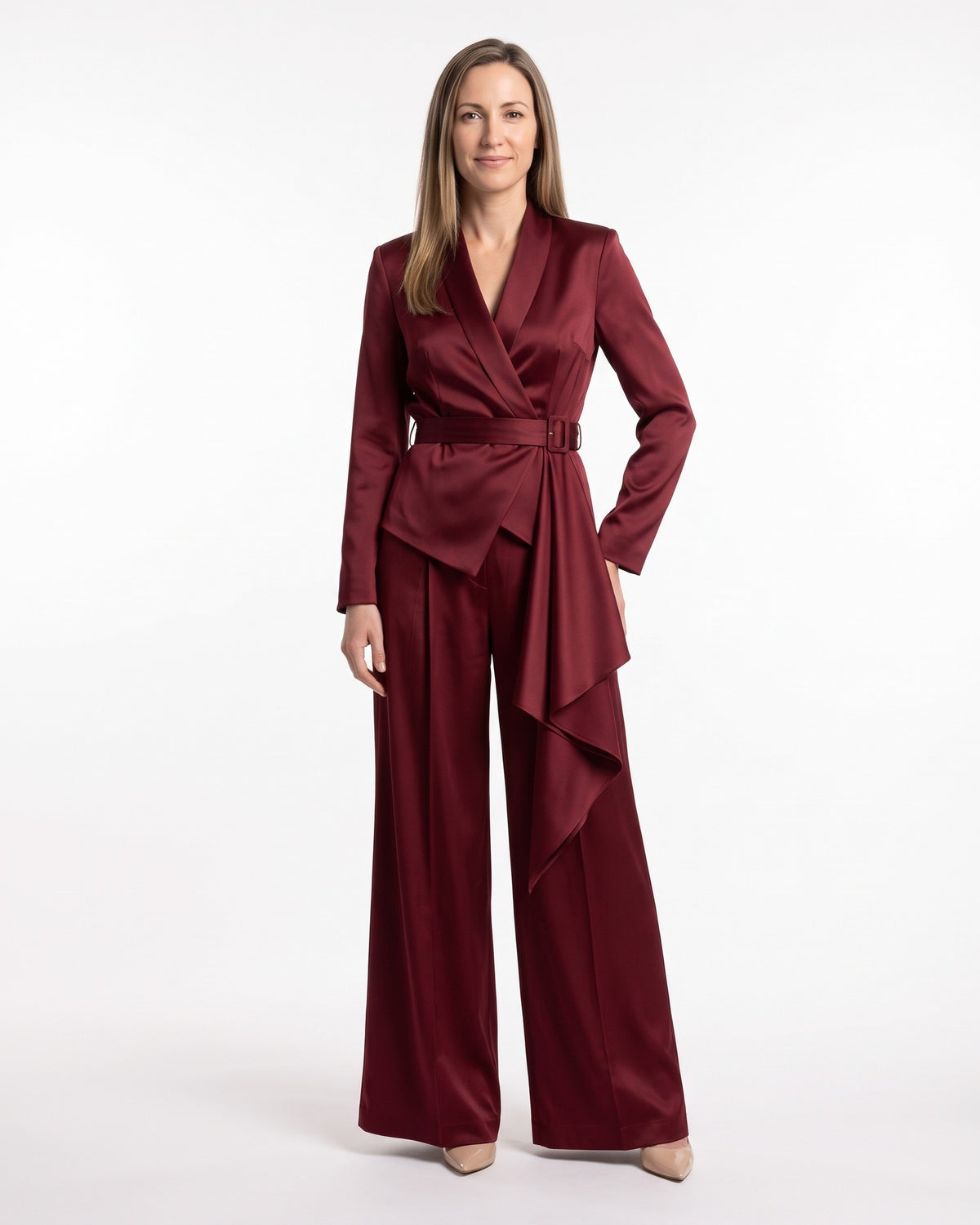 Women’s belted wrap blazer and wide-leg palazzo pants set, maroon
