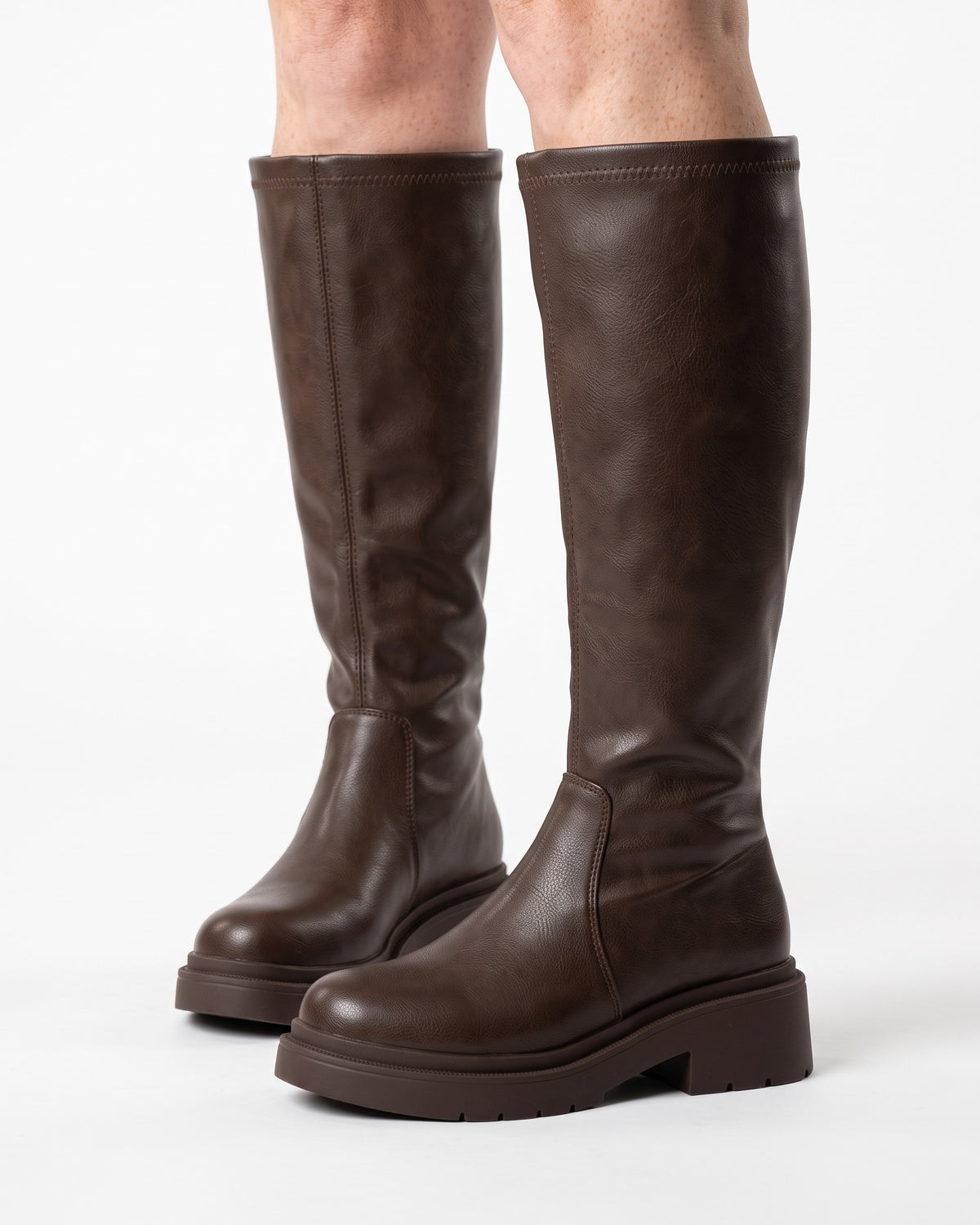 Platform Knee High Boots for Women — Stretch Tall Shaft with Round Toe in Faux Leather
