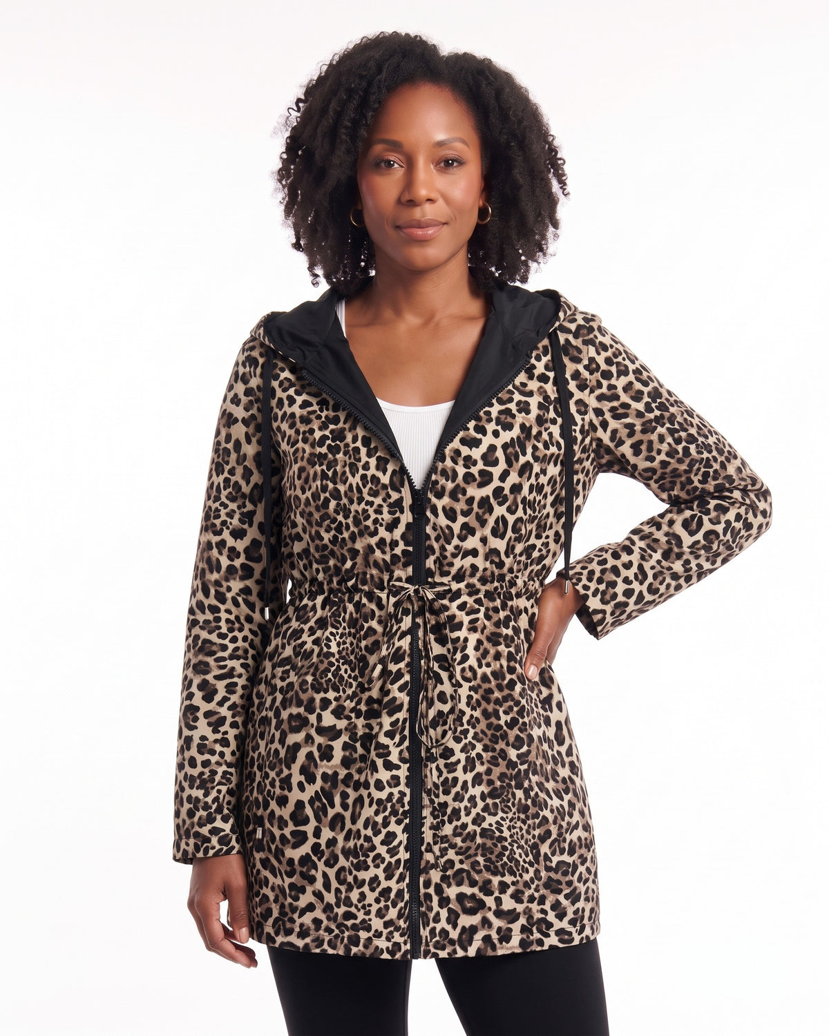 Women’s reversible leopard rain jacket with zip front, hood, and side pockets