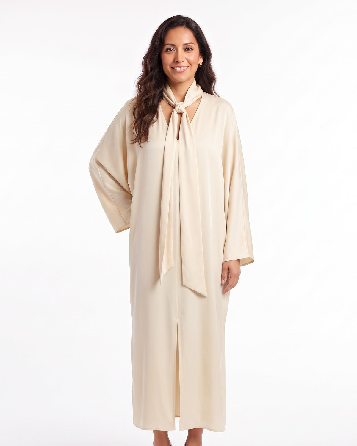 Cream satin dress with scarf tie neck, long draped dolman sleeves, front view