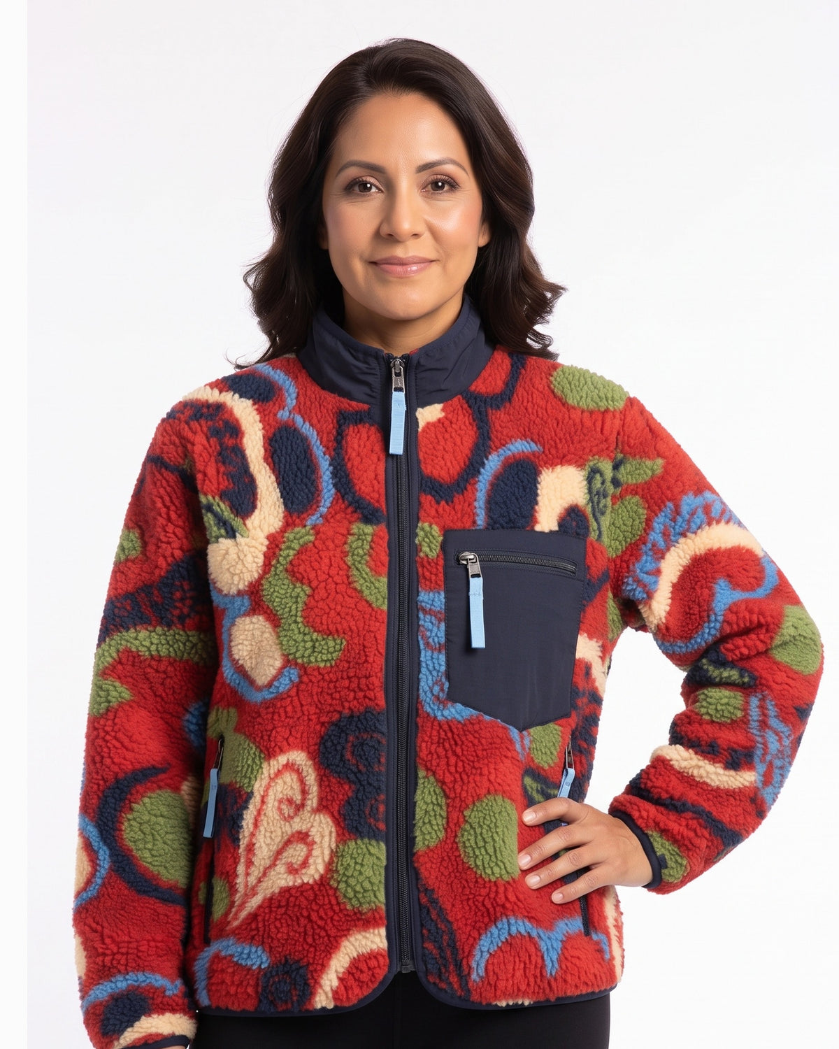 Multicolor sherpa fleece half-zip cropped jacket with stand collar and front patch pocket