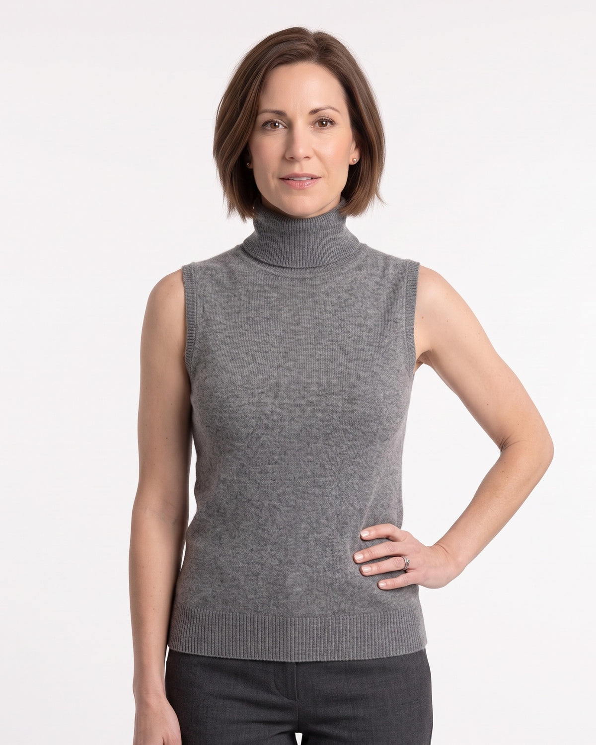 Gray sleeveless knit turtleneck sweater with slim fit and ribbed hem