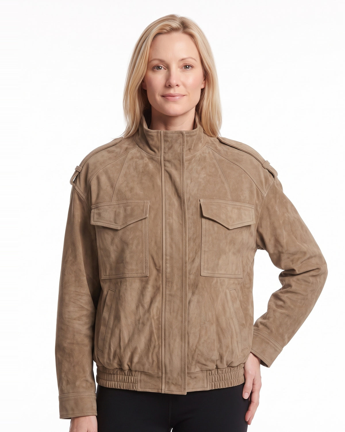 Suede Bomber Jacket with Stand Collar — Relaxed Drop Shoulder Fit for Women