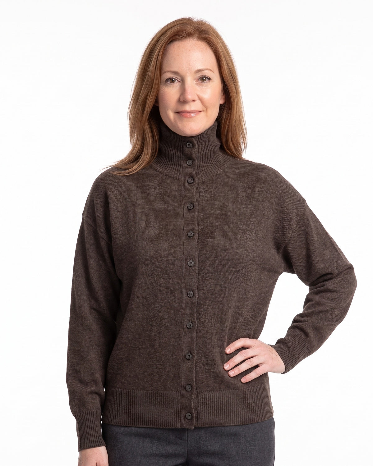 Brown relaxed drop-shoulder cardigan with button front and funnel neck