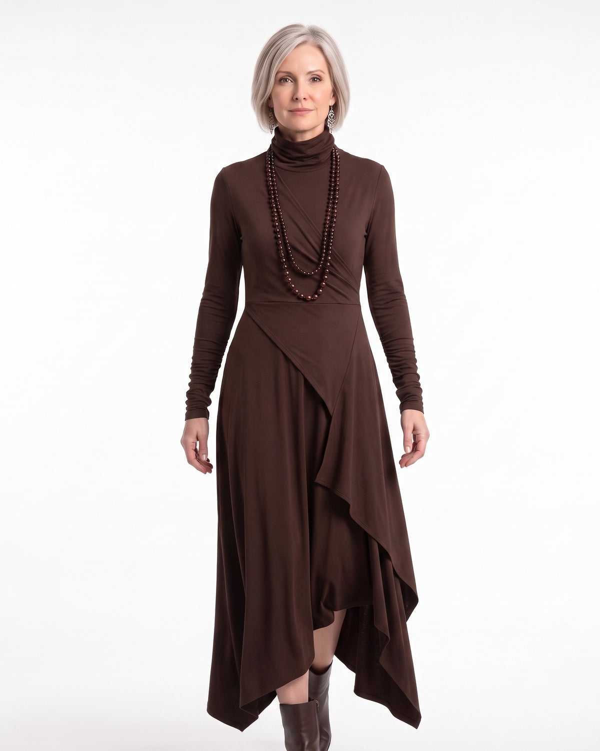 Dark brown turtleneck maxi dress with ruched sleeves and handkerchief hem drape