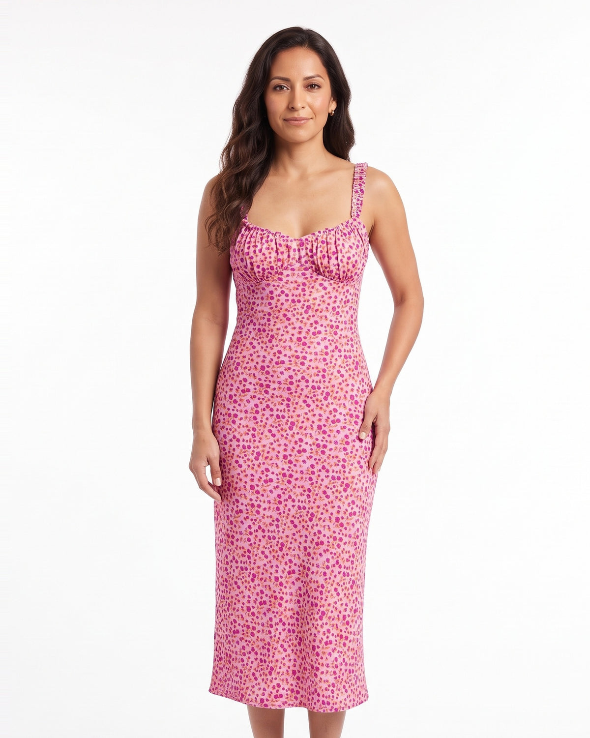 Pink ditsy floral sleeveless viscose dress, fitted milkmaid bodice and slip skirt