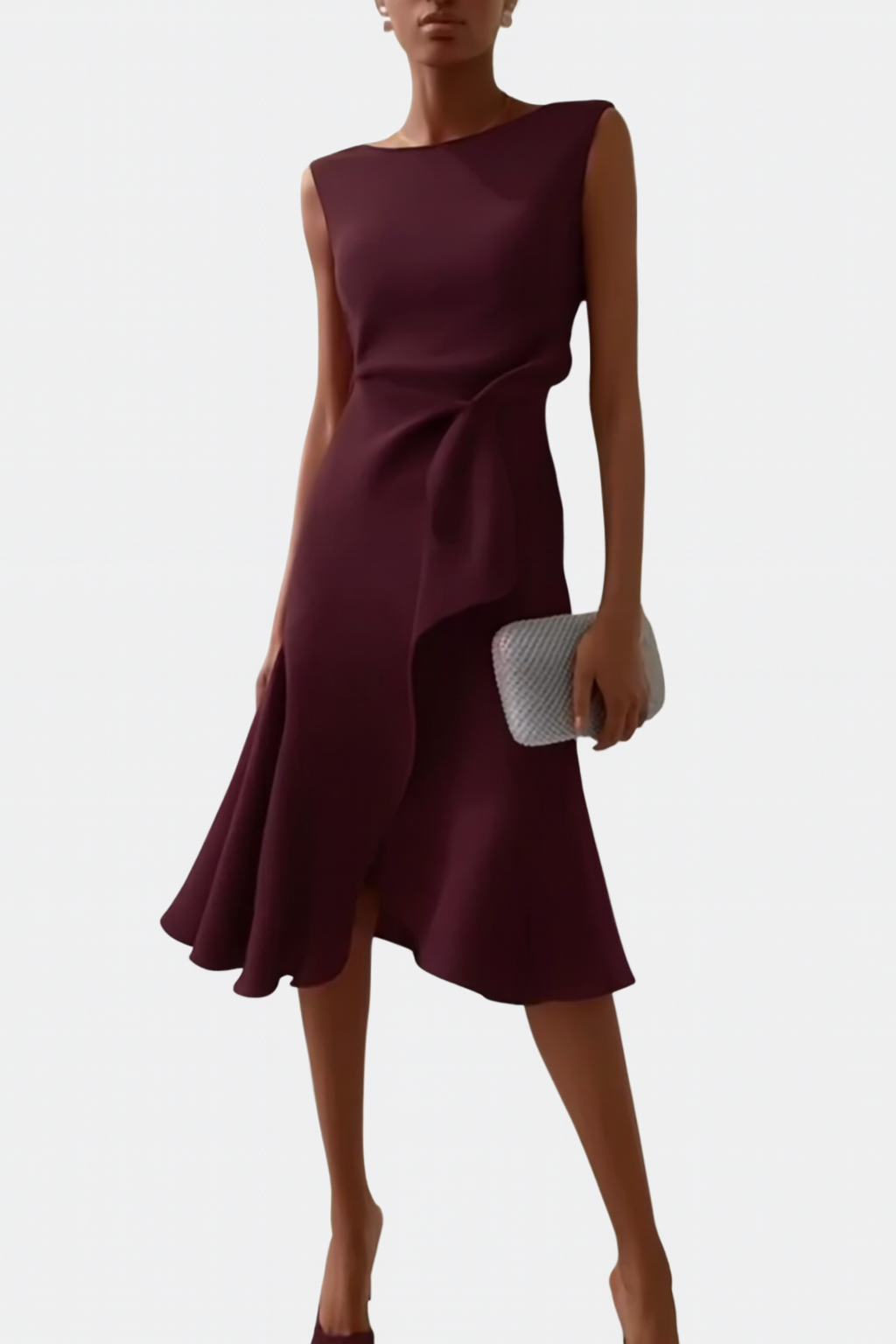 Sleeveless draped midi dress with asymmetric ruffle, round neck, burgundy side view