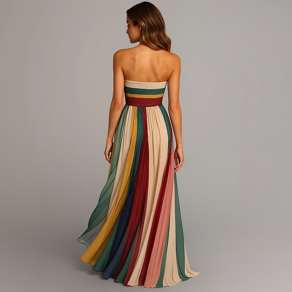 Back view multicolor striped strapless maxi dress with smocked bodice