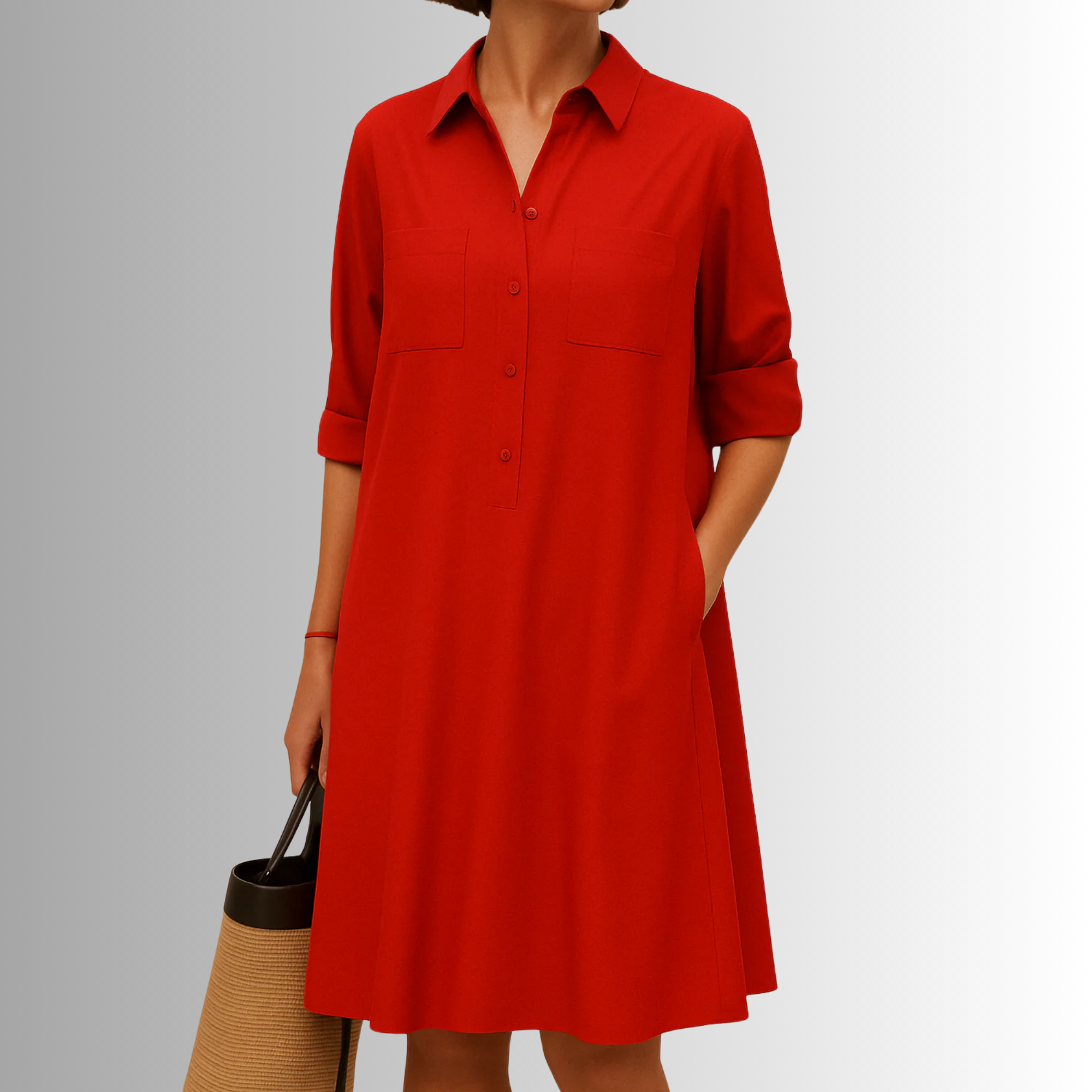 Red button-down A-line dress with collar, front buttons, and chest pockets.