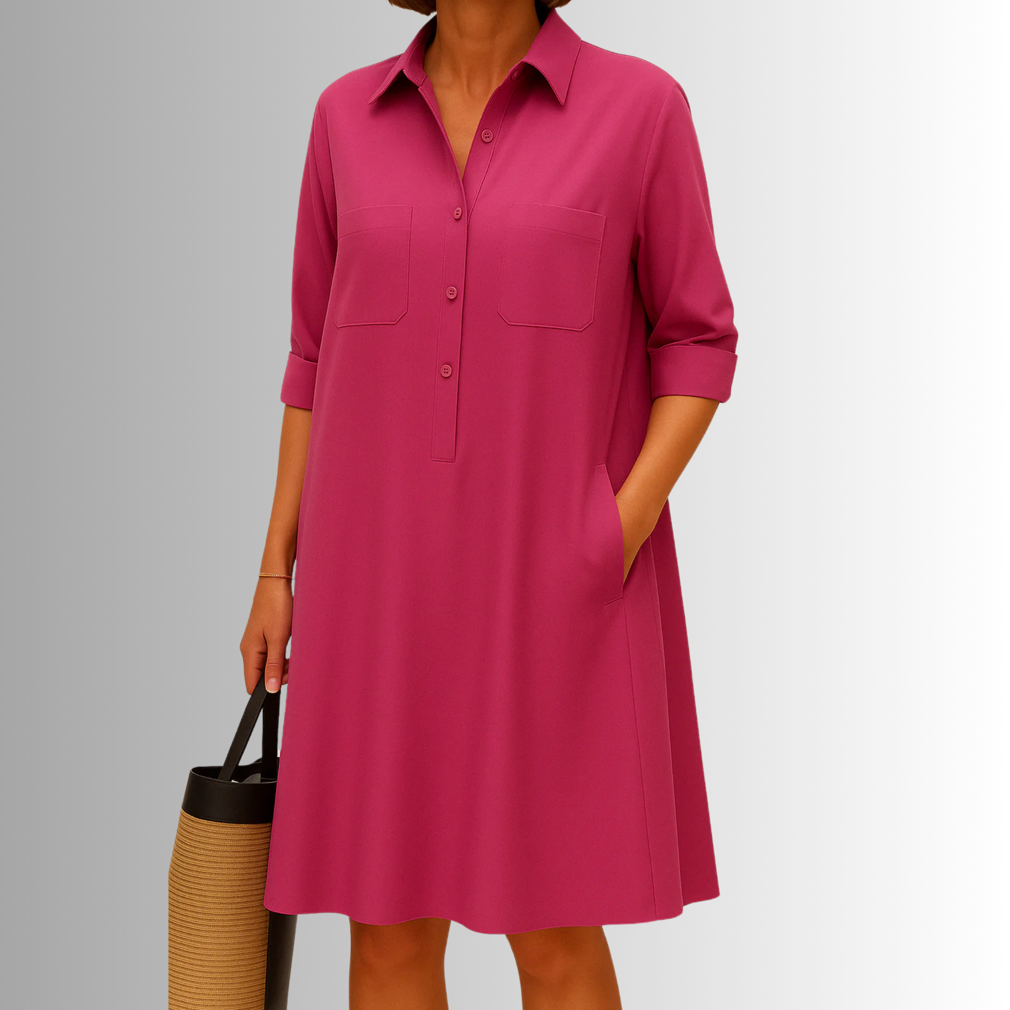 Deep pink button-down A-line dress with collar, front buttons, and chest pockets.