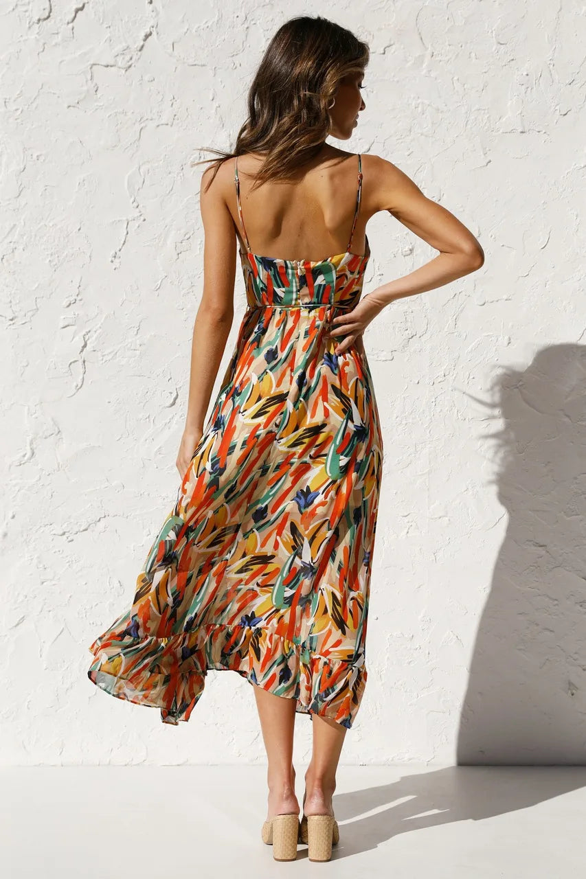 Floral spaghetti strap midi dress with low back, multi-color print and tiered ruffle hem