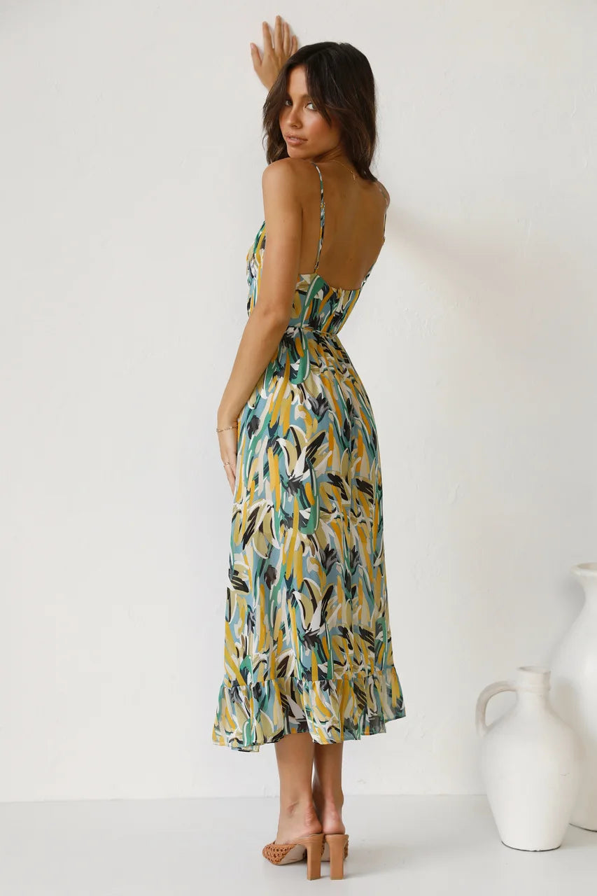 Floral spaghetti strap midi dress in blue-green multi-color print, open low back, tiered skirt