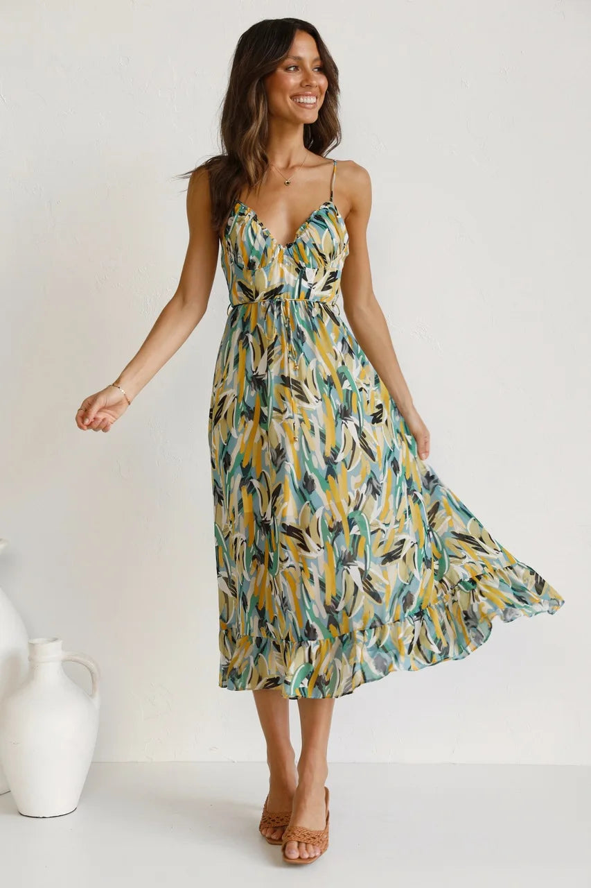 Floral spaghetti strap midi dress in blue-green, multi-color print, gathered waist, tiered hem
