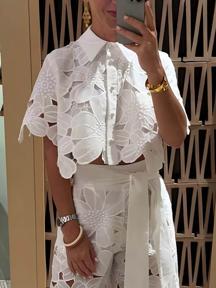 White lace cropped blouse with floral cutwork, button front, short sleeves