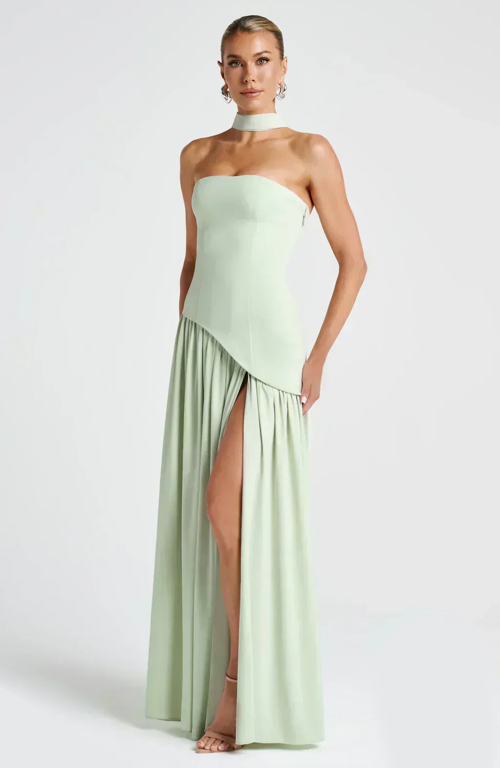 Sage green strapless asymmetric maxi dress with ruched tiers and side slit