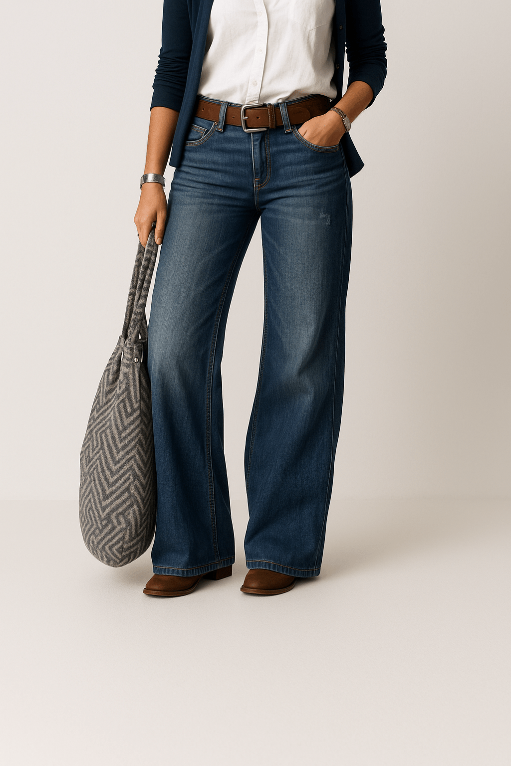 Women's blue wide-leg jeans with mid-rise waist, front pockets and button fly
