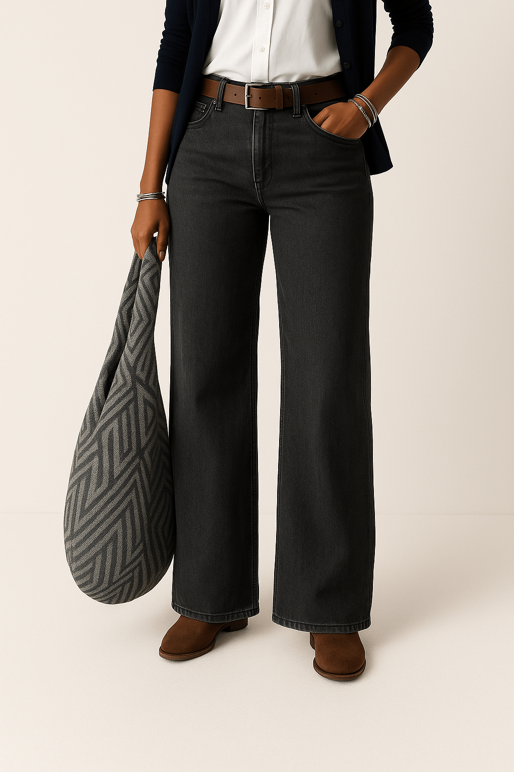 Women's black mid-rise wide-leg jeans, button-and-zip front with belt loops