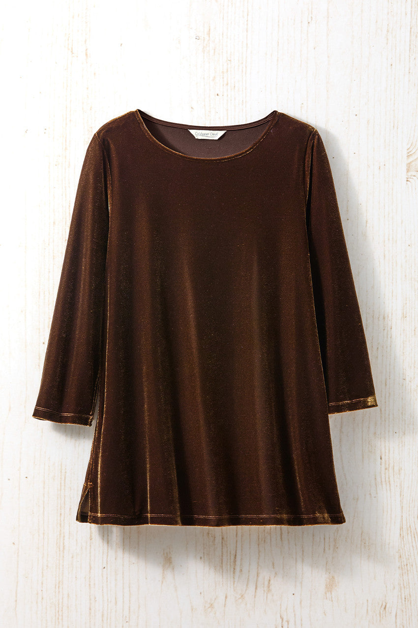 Brown velvet tunic top for women with crew neck, three-quarter sleeves, flowing swing fit.