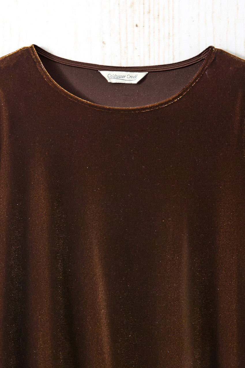 Brown velvet tunic top with crew neck and subtle sheen detail, three-quarter sleeves.