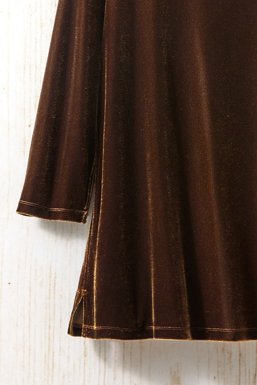 Brown velvet tunic top hem detail with three-quarter sleeves and flowing swing fit.