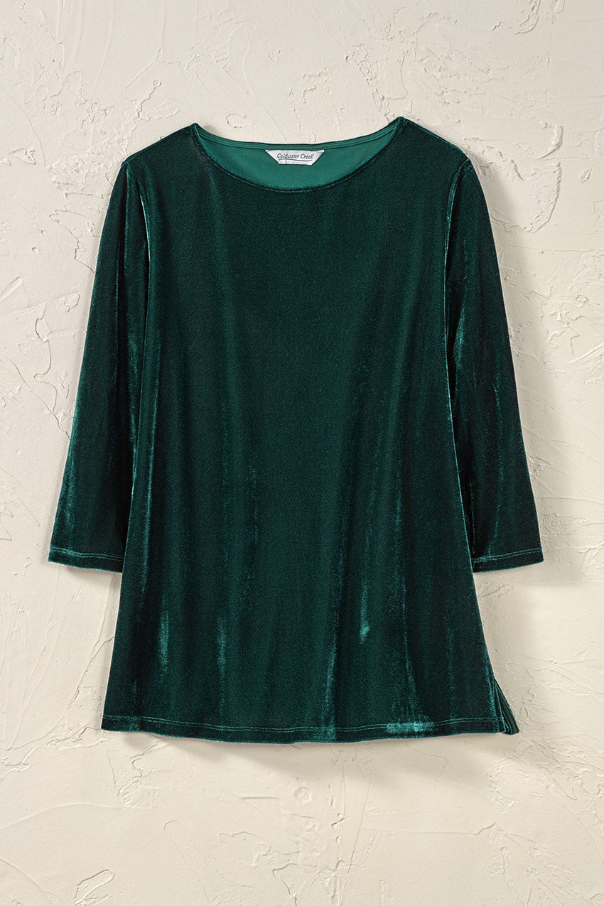 Green velvet tunic top for women, three-quarter sleeves, crew neck, flowing swing hem.