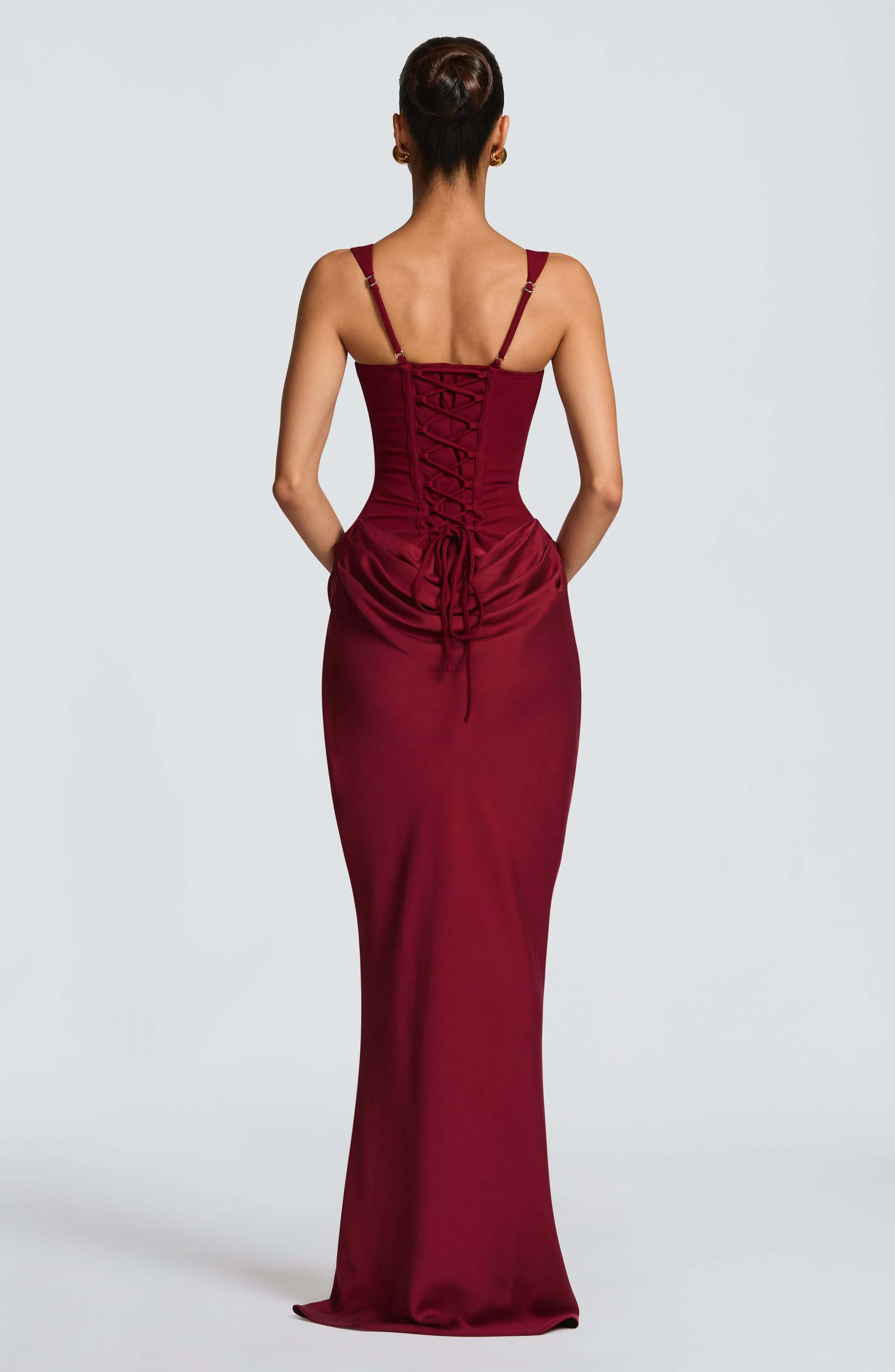 Burgundy sleeveless bodycon maxi dress, open back with lace-up ruching
