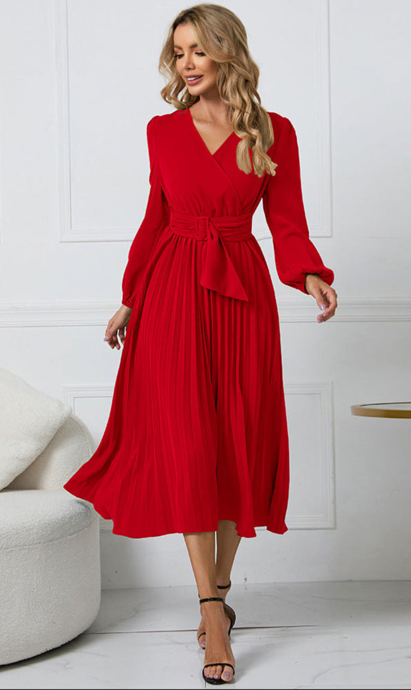 Red long-sleeve midi dress with V-neck and gathered waist, pleated skirt